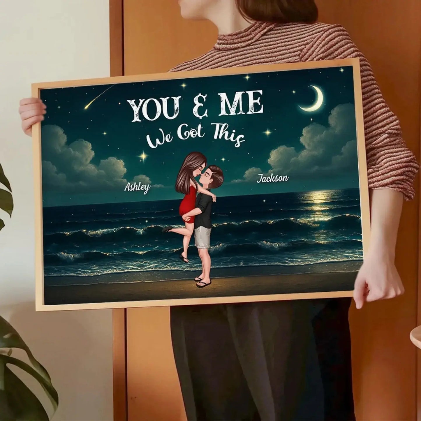 Romantic Night Beach Couple Poster – Personalized Hug & Kiss Wall Art, Custom Gift for Him Her, Bedroom Decor Ezcustomize