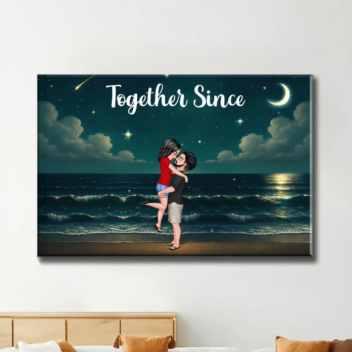 Romantic Night Beach Couple Poster – Personalized Hug & Kiss Wall Art, Custom Gift for Him Her, Bedroom Decor Ezcustomize