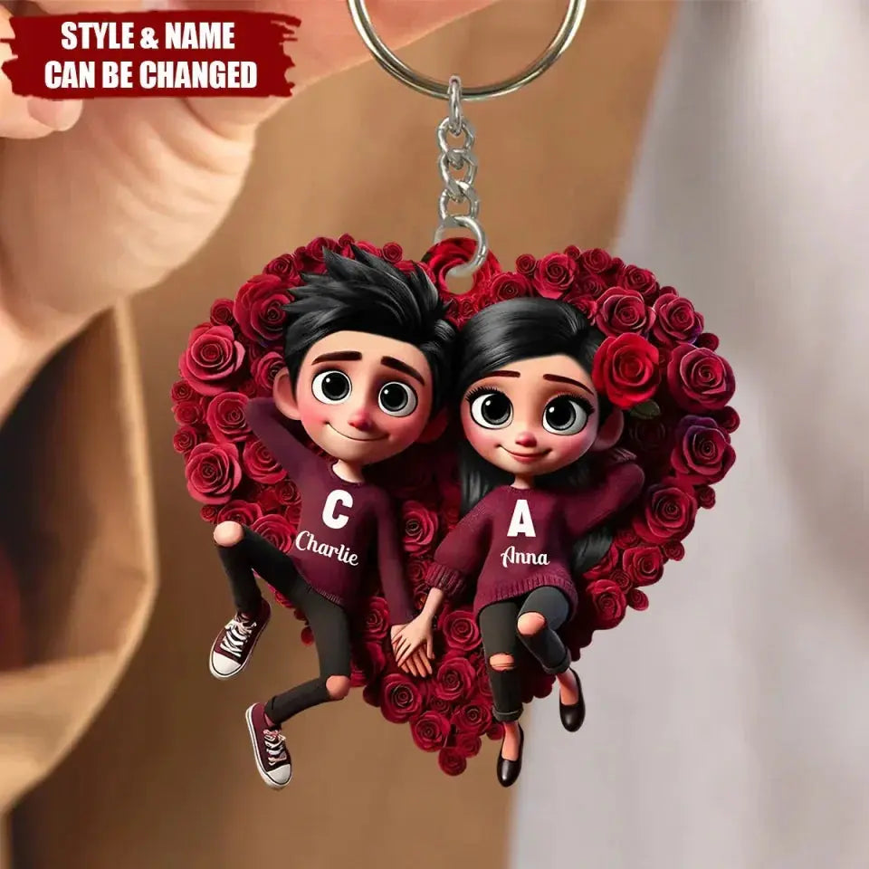Romantic Rose Heart Couple Keychain - Personalized Valentine's Day Gift Ezcustomize