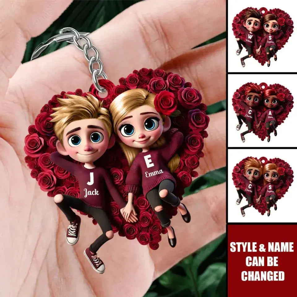 Romantic Rose Heart Couple Keychain - Personalized Valentine's Day Gift Ezcustomize