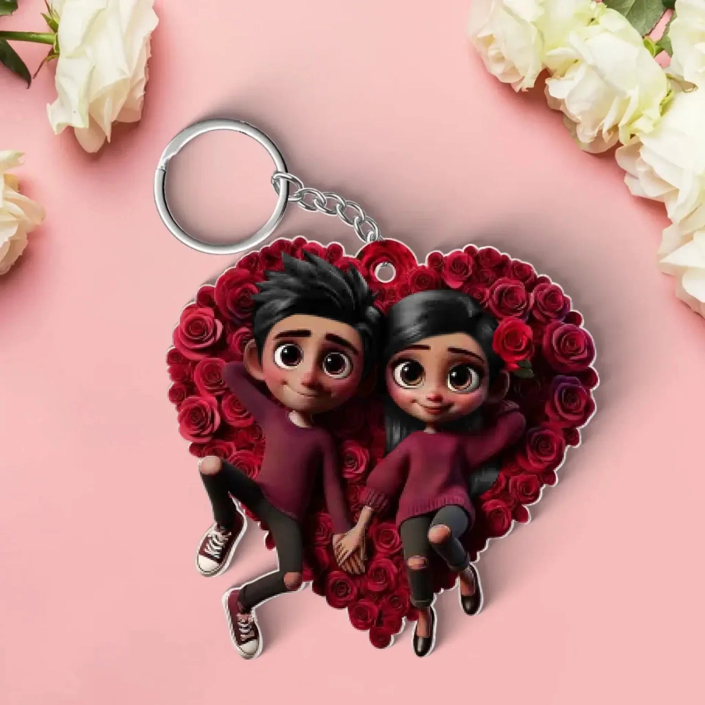 Romantic Rose Heart Couple Keychain - Personalized Valentine's Day Gift Ezcustomize