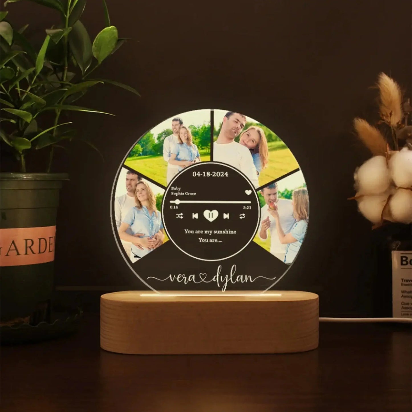 Round Music Plaque Custom LED Night Light – Personalized Acrylic Lamp with Song, Name & Photos, Romantic Gift for Couples, Anniversary or Valentine's Day Ezcustomize