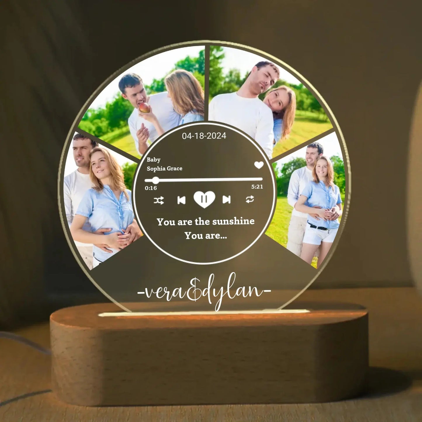 Round Music Plaque Custom LED Night Light – Personalized Acrylic Lamp with Song, Name & Photos, Romantic Gift for Couples, Anniversary or Valentine's Day Ezcustomize