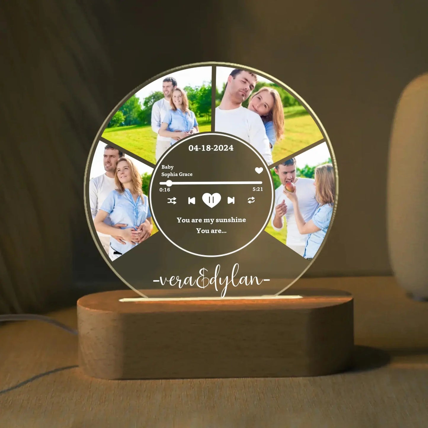 Round Music Plaque Custom LED Night Light – Personalized Acrylic Lamp with Song, Name & Photos, Romantic Gift for Couples, Anniversary or Valentine's Day Ezcustomize