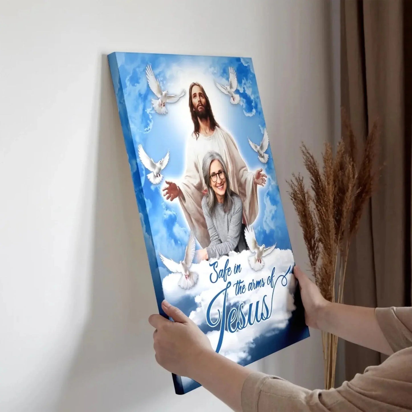 "Safe in the Arms of Jesus" Memorial Photo Art – Personalized Poster/Canvas – Sympathy Gift for Loss of Parents with Blue Sky & Dove Ezcustomize