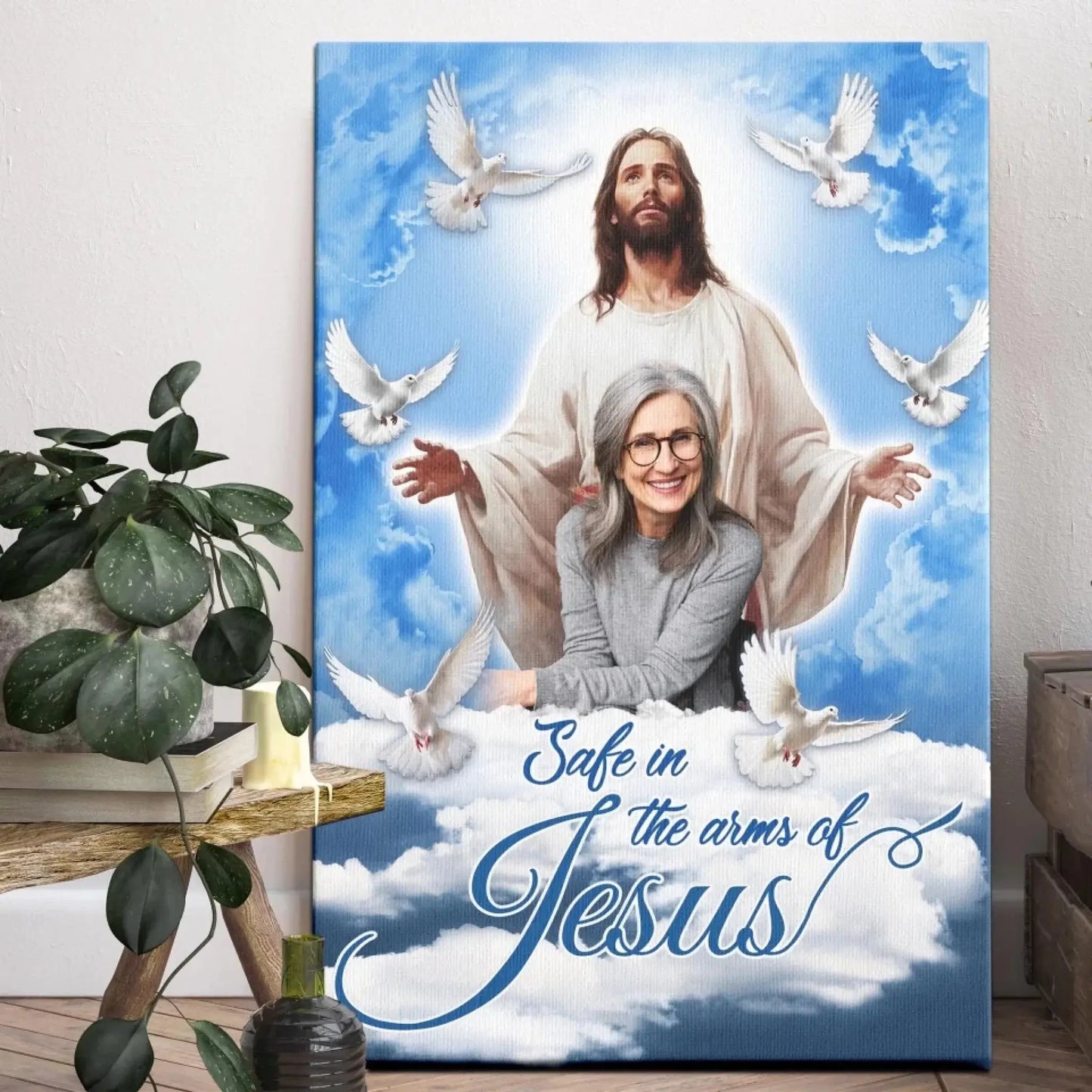 "Safe in the Arms of Jesus" Memorial Photo Art – Personalized Poster/Canvas – Sympathy Gift for Loss of Parents with Blue Sky & Dove Ezcustomize