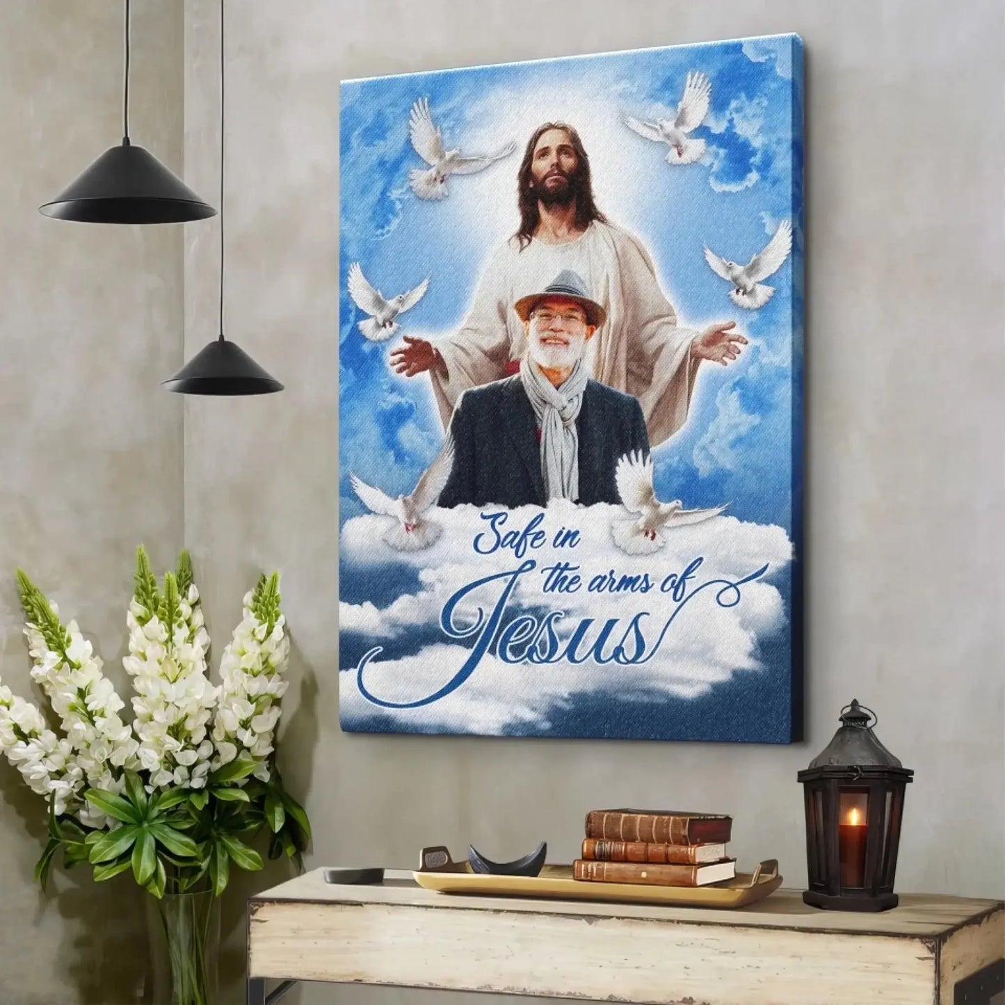 "Safe in the Arms of Jesus" Memorial Photo Art – Personalized Poster/Canvas – Sympathy Gift for Loss of Parents with Blue Sky & Dove Ezcustomize