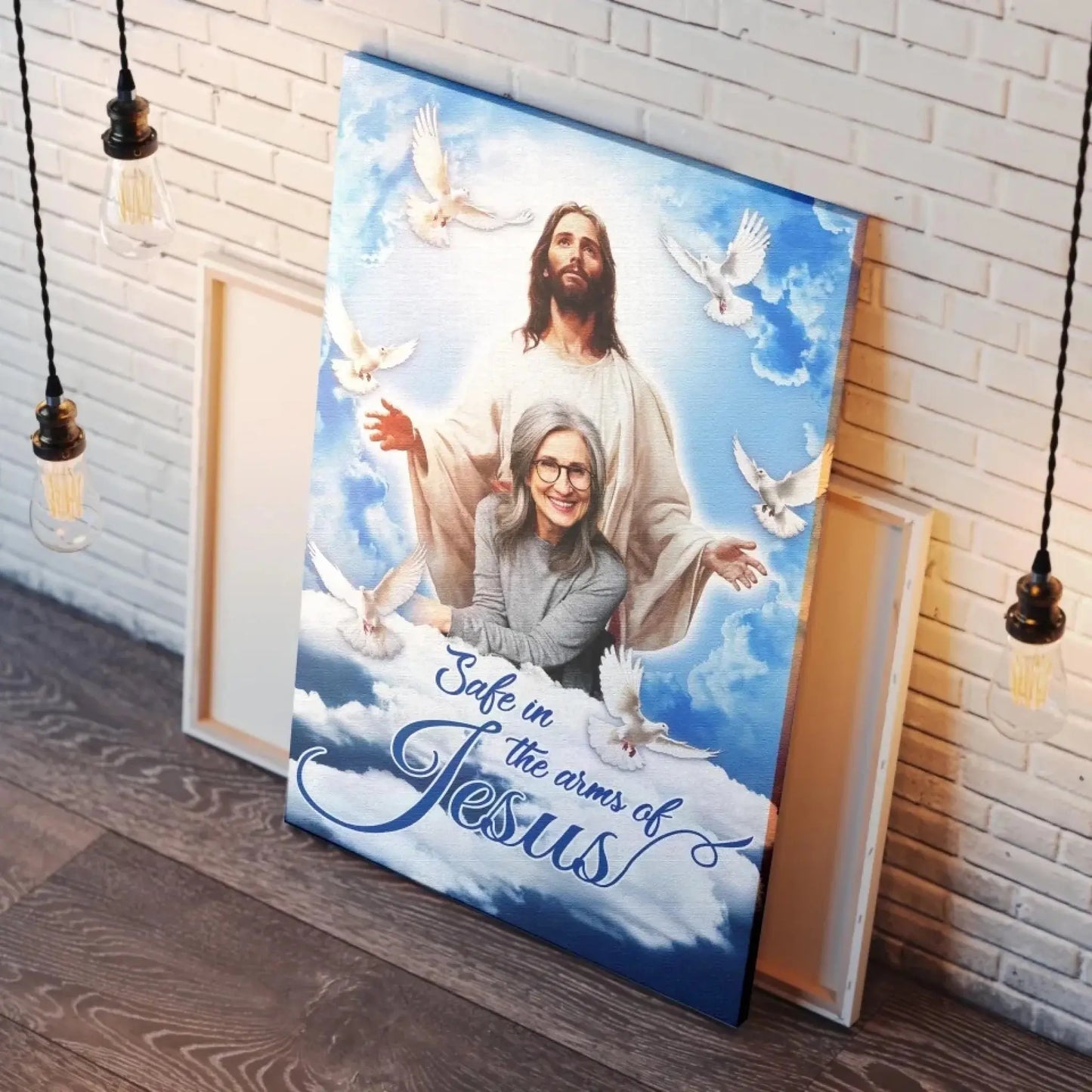 "Safe in the Arms of Jesus" Memorial Photo Art – Personalized Poster/Canvas – Sympathy Gift for Loss of Parents with Blue Sky & Dove Ezcustomize