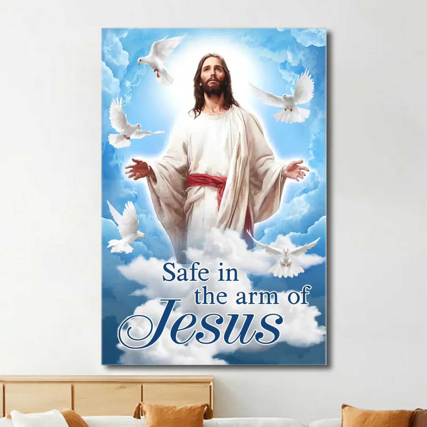 "Safe in the Arms of Jesus" Memorial Photo Art – Personalized Poster/Canvas – Sympathy Gift for Loss of Parents with Blue Sky & Dove Ezcustomize