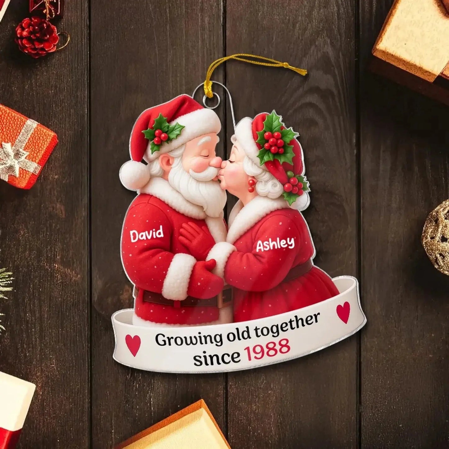 Santa Couple Growing Old Together – Personalized Acrylic Ornament – Romantic Anniversary & Christmas Gift for Him, Her or Couples Ezcustomize