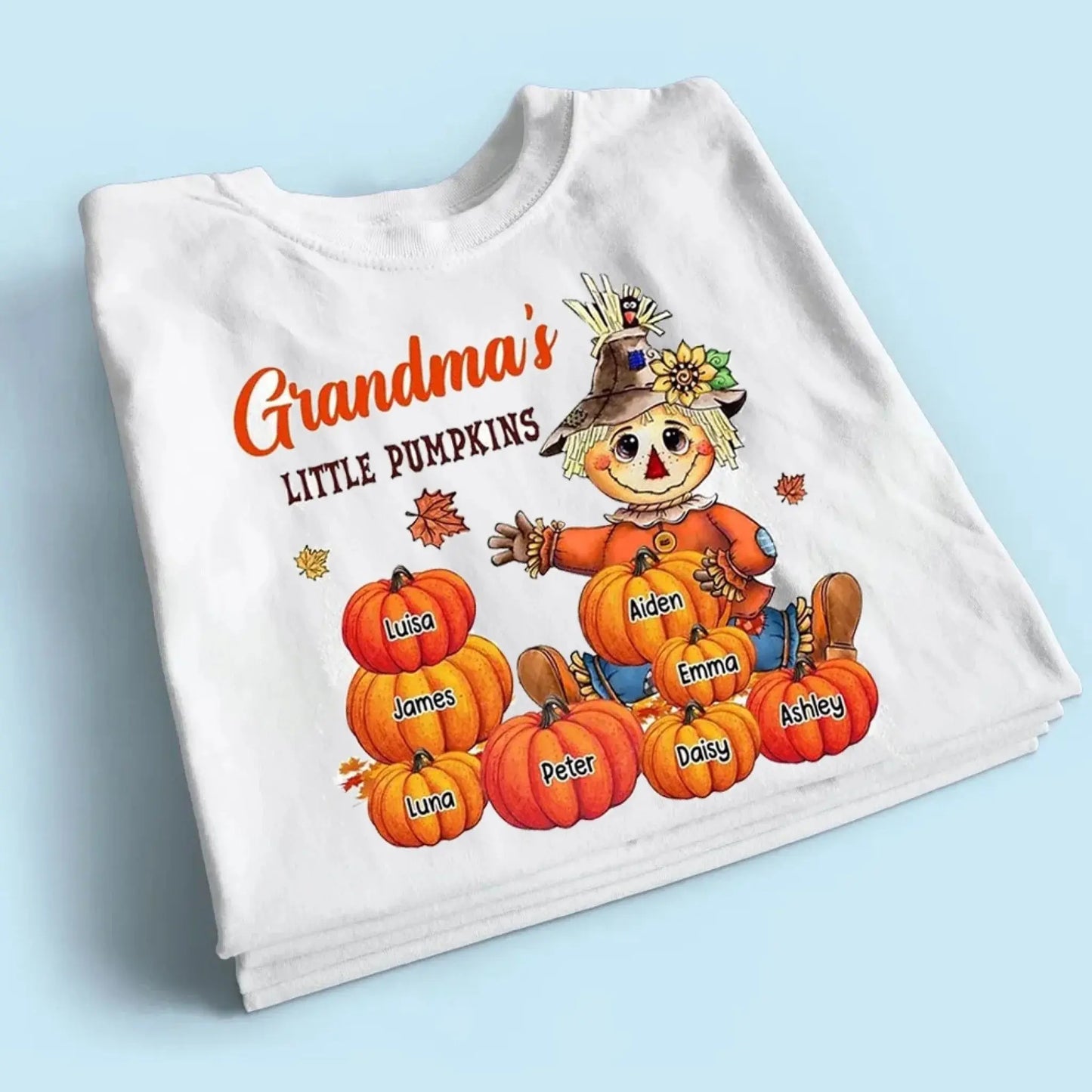 Scarecrow Grandma Pumpkin Shirt – Personalized Fall T-Shirt with Grandkids' Names – Autumn Gift for Nana, Mimi, Mom, Wife Ezcustomize