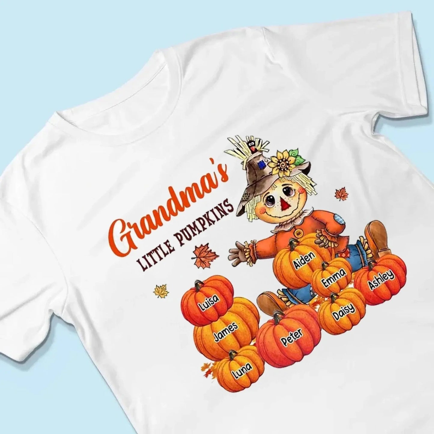 Scarecrow Grandma Pumpkin Shirt – Personalized Fall T-Shirt with Grandkids' Names – Autumn Gift for Nana, Mimi, Mom, Wife Ezcustomize