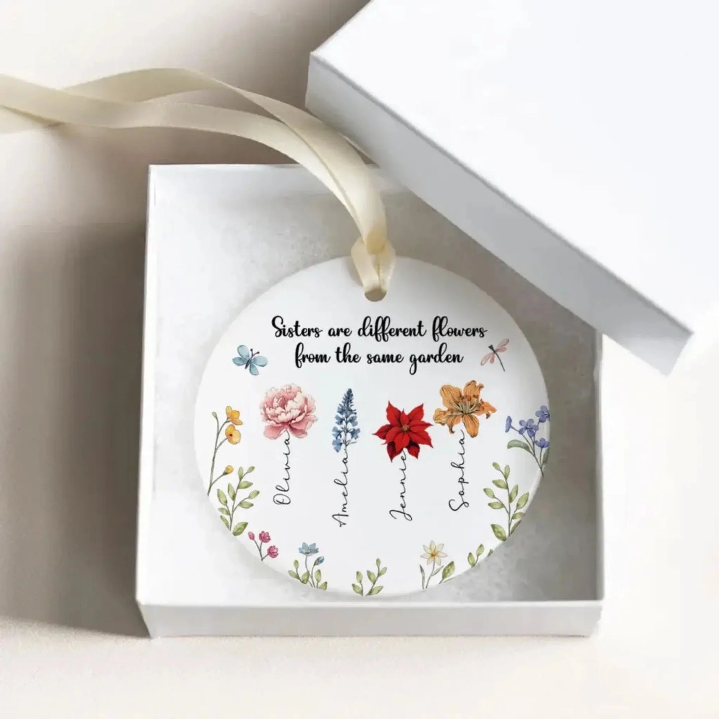 Sisters Are Different Flowers from the Same Garden – Personalized Ceramic Ornament – Birthday, Christmas & Memorial Gift for Sisters Ezcustomize