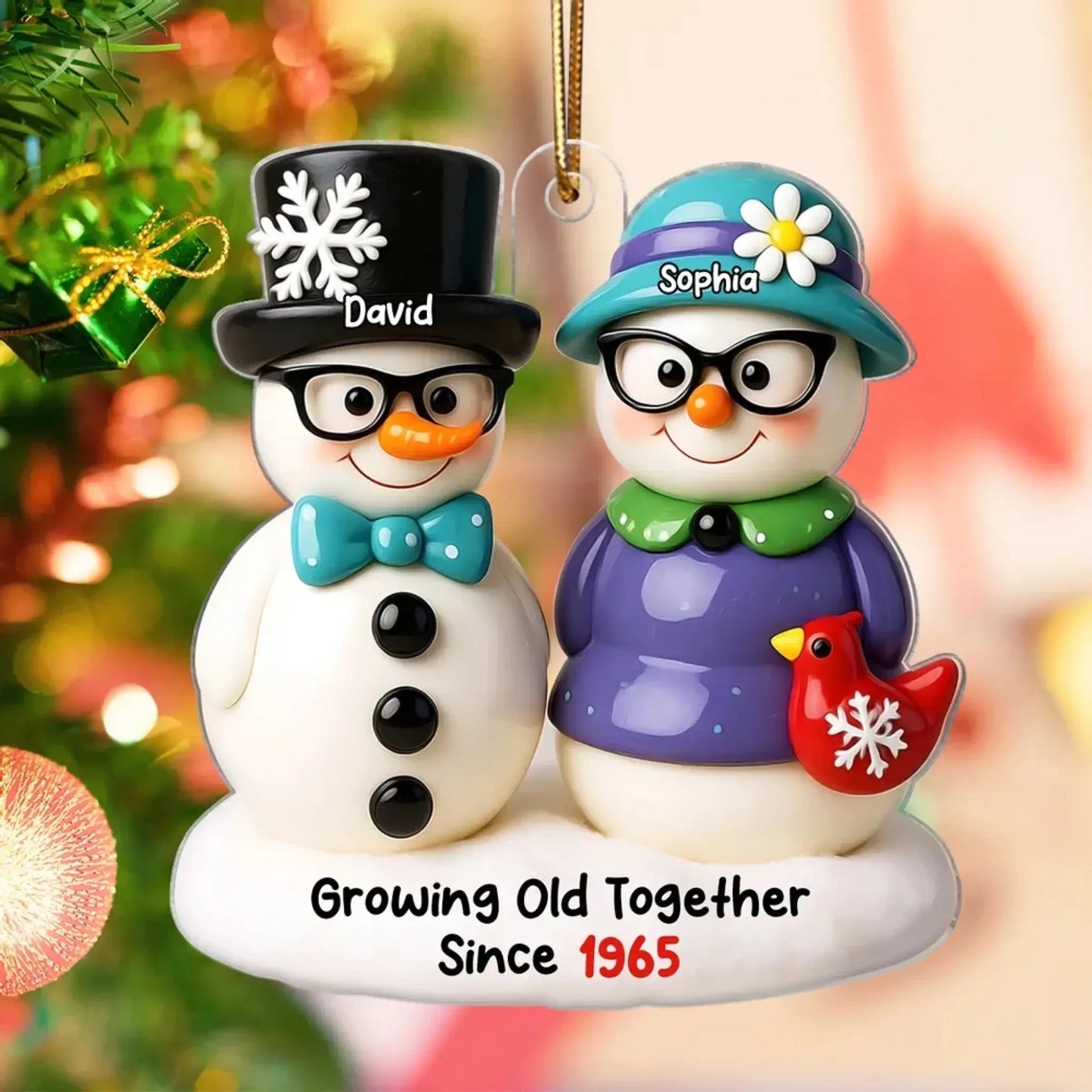 Snowman Couple Growing Old Together – Personalized 3D Effect Acrylic Ornament – Heartwarming Christmas Gift for Couples in Love Ezcustomize