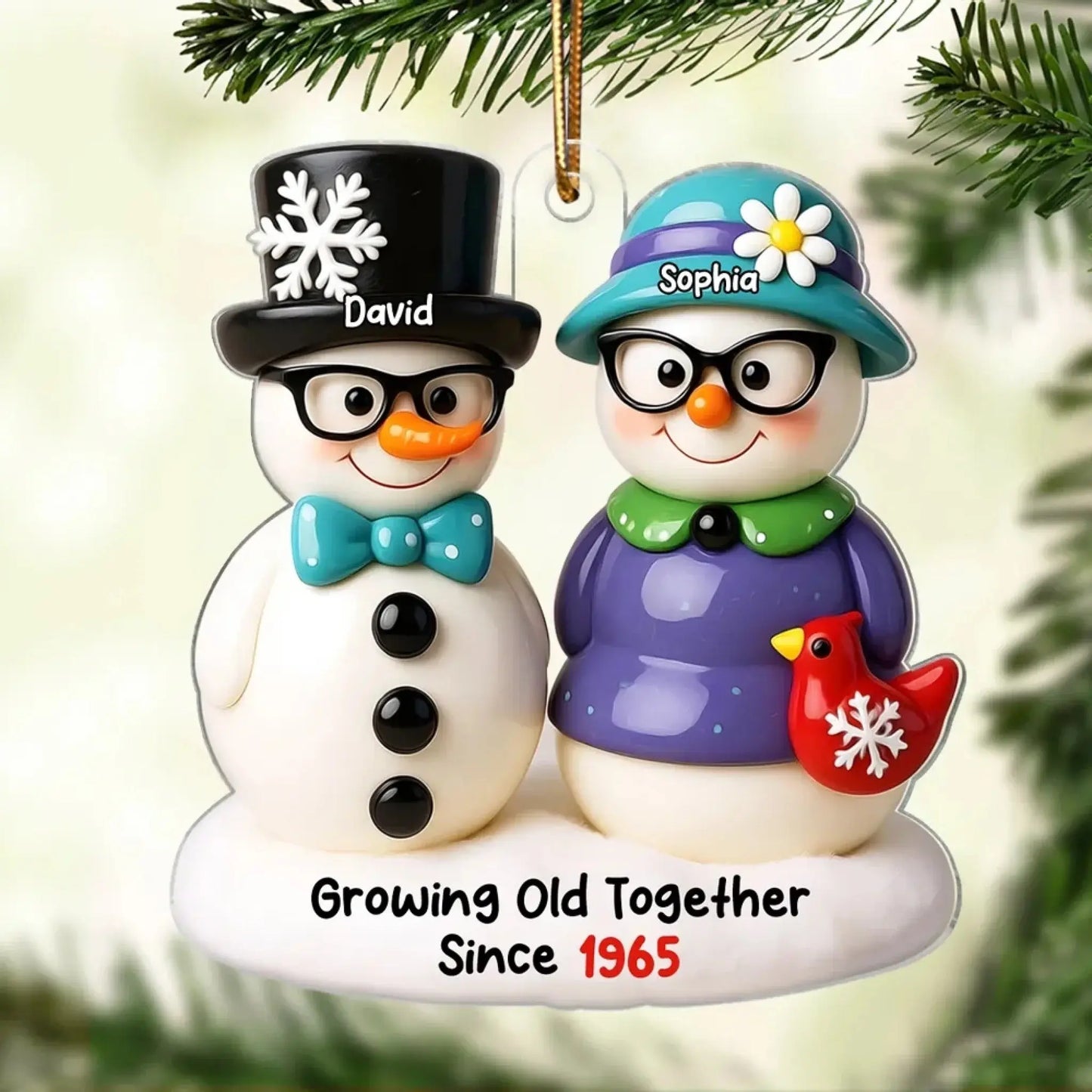 Snowman Couple Growing Old Together – Personalized 3D Effect Acrylic Ornament – Heartwarming Christmas Gift for Couples in Love Ezcustomize