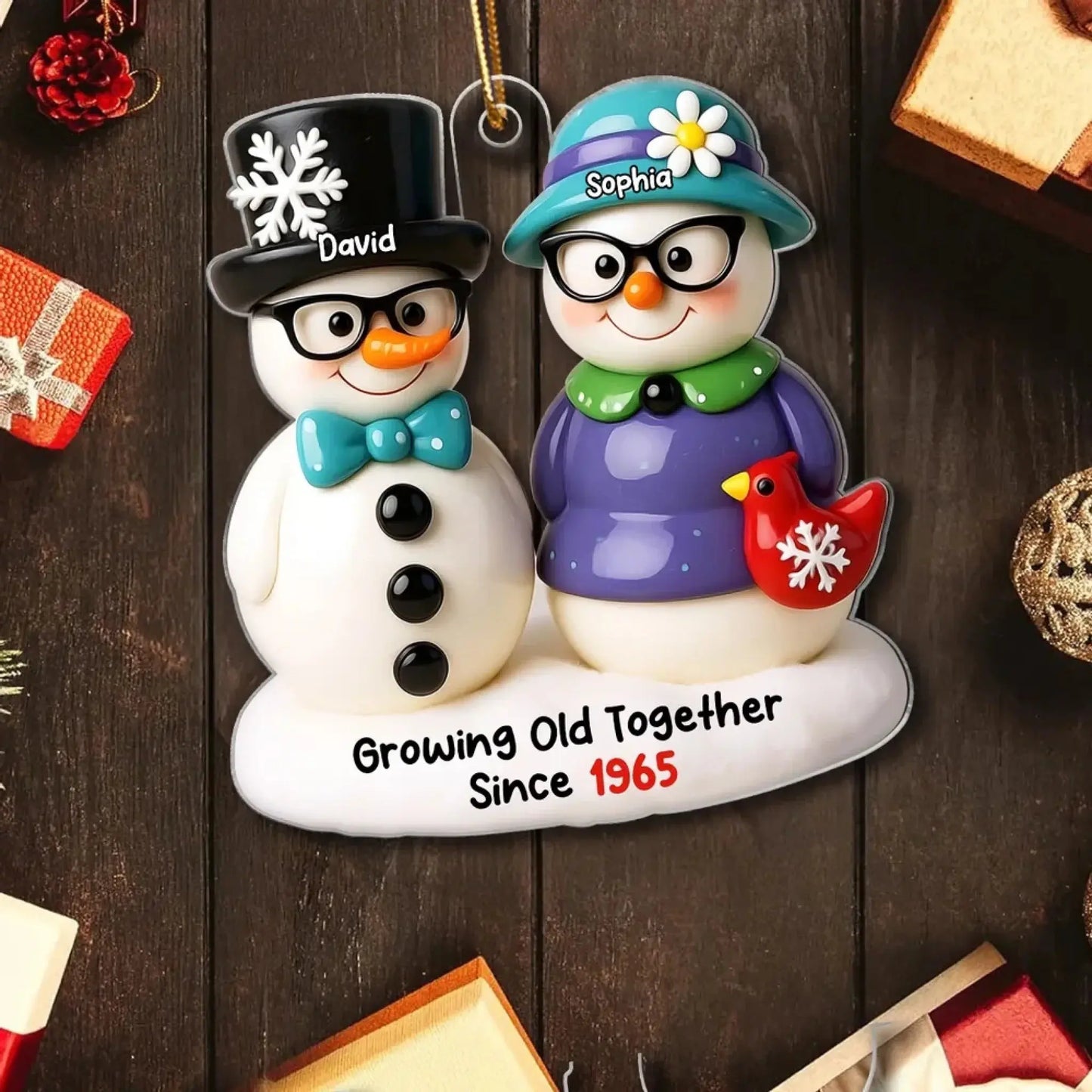 Snowman Couple Growing Old Together – Personalized 3D Effect Acrylic Ornament – Heartwarming Christmas Gift for Couples in Love Ezcustomize