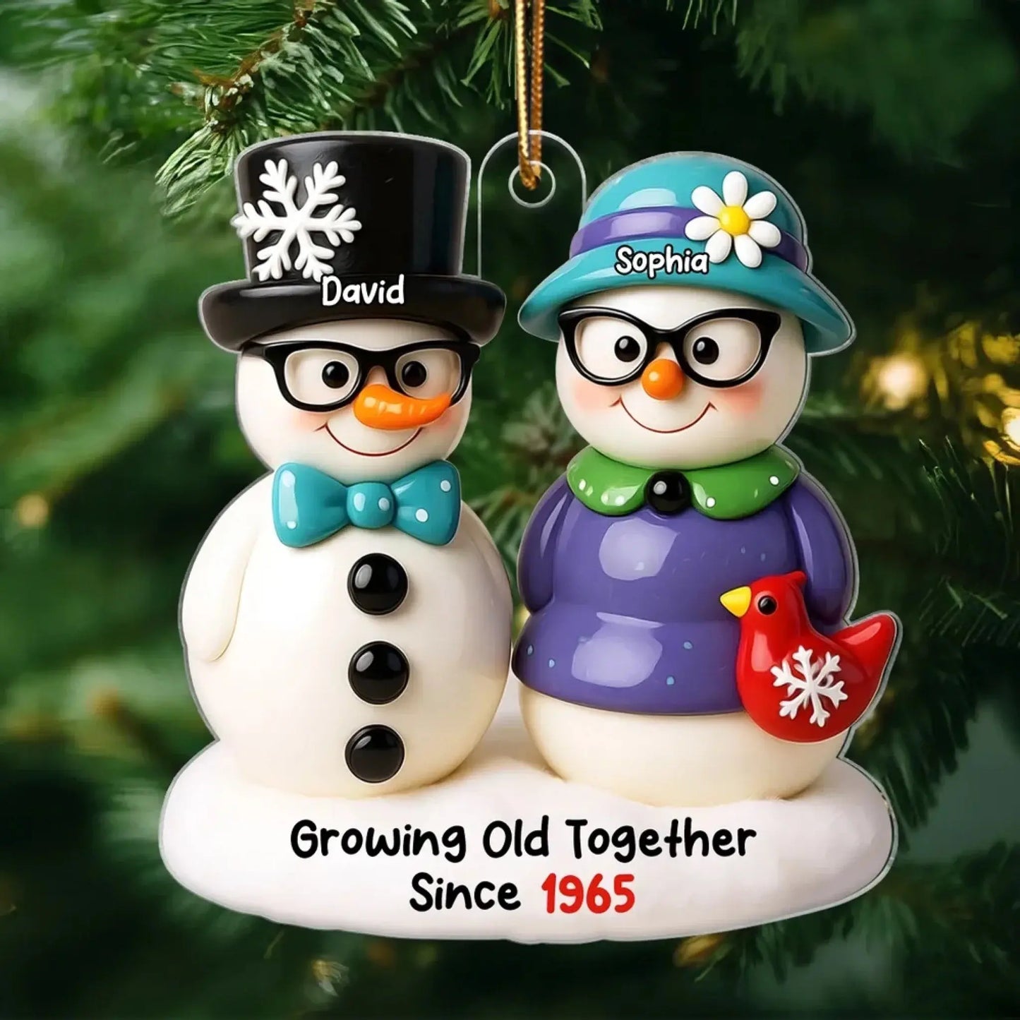Snowman Couple Growing Old Together – Personalized 3D Effect Acrylic Ornament – Heartwarming Christmas Gift for Couples in Love Ezcustomize