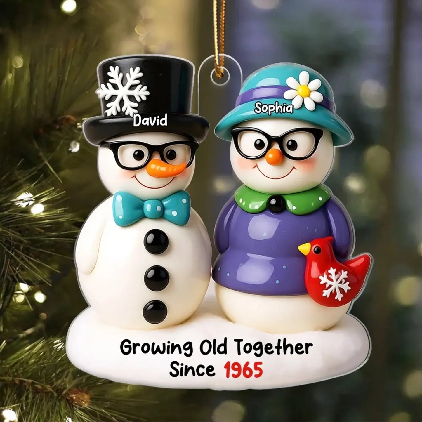 Snowman Couple Growing Old Together – Personalized 3D Effect Acrylic Ornament – Heartwarming Christmas Gift for Couples in Love Ezcustomize