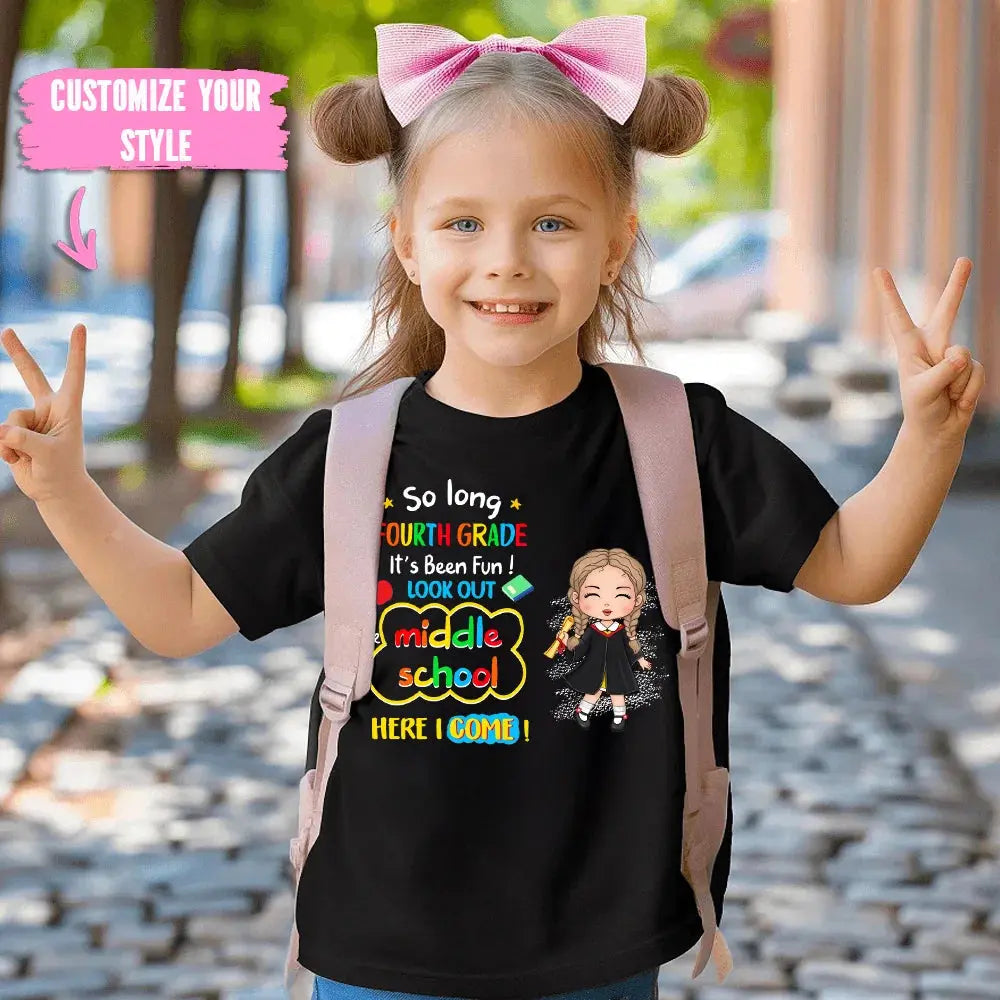 So Long Kindergarten, Look Out 1st Grade Here I Come T-Shirt | Personalized Youth Shirt | Custom Graduation Gift for Kids Ezcustomize
