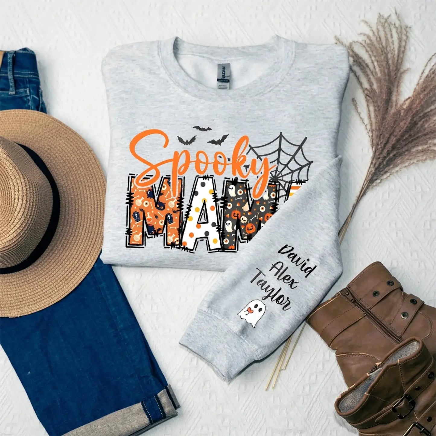Spooky Mama Halloween Sweatshirt – Personalized Fall Shirt with Kids’ Names on Sleeve – Custom Halloween Gift for Mom Ezcustomize