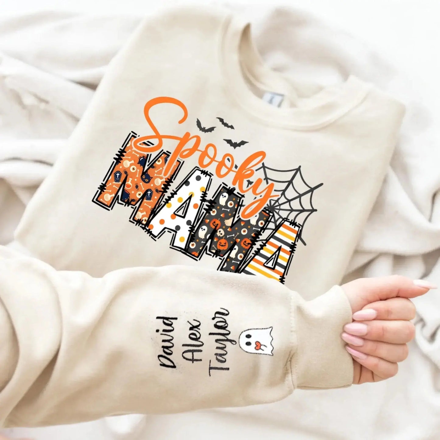 Spooky Mama Halloween Sweatshirt – Personalized Fall Shirt with Kids’ Names on Sleeve – Custom Halloween Gift for Mom Ezcustomize