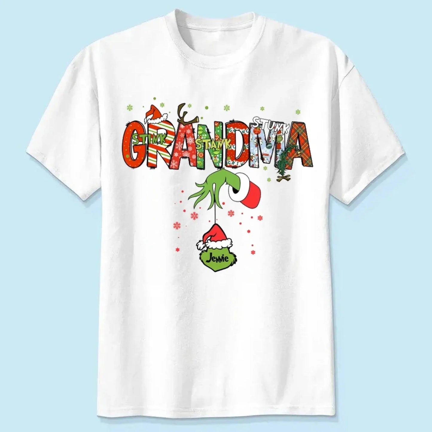 Stink Stank Stunk Grandma Shirt – Personalized Christmas T-Shirt with Kids’ Names – Funny Holiday Gift for Mom, Nana, Gigi Ezcustomize