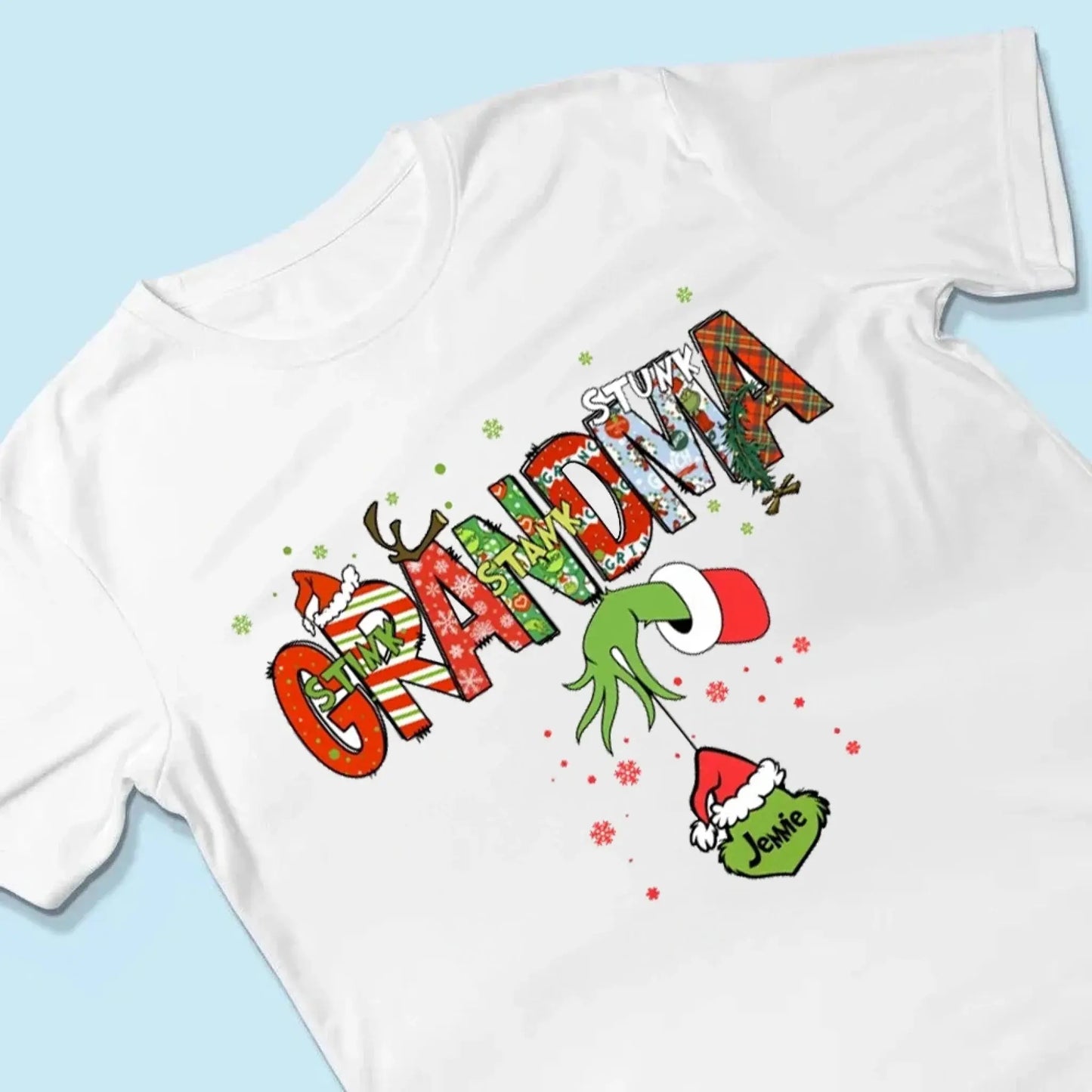 Stink Stank Stunk Grandma Shirt – Personalized Christmas T-Shirt with Kids’ Names – Funny Holiday Gift for Mom, Nana, Gigi Ezcustomize