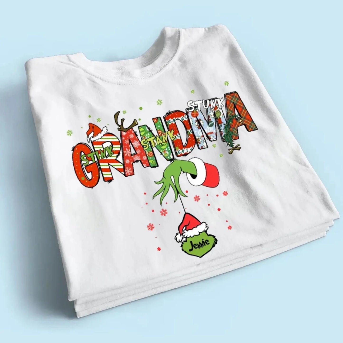 Stink Stank Stunk Grandma Shirt – Personalized Christmas T-Shirt with Kids’ Names – Funny Holiday Gift for Mom, Nana, Gigi Ezcustomize
