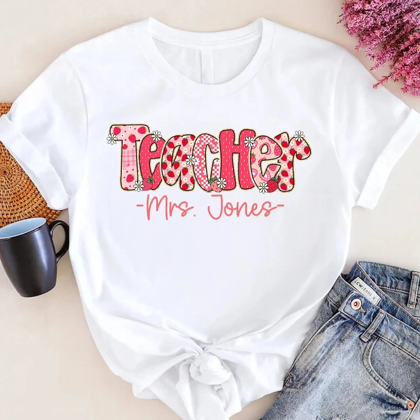 Strawberry Teacher Shirt with Custom Title and Name – Cute Personalized Gift for Teacher, Para, Librarian, Counselor Ezcustomize
