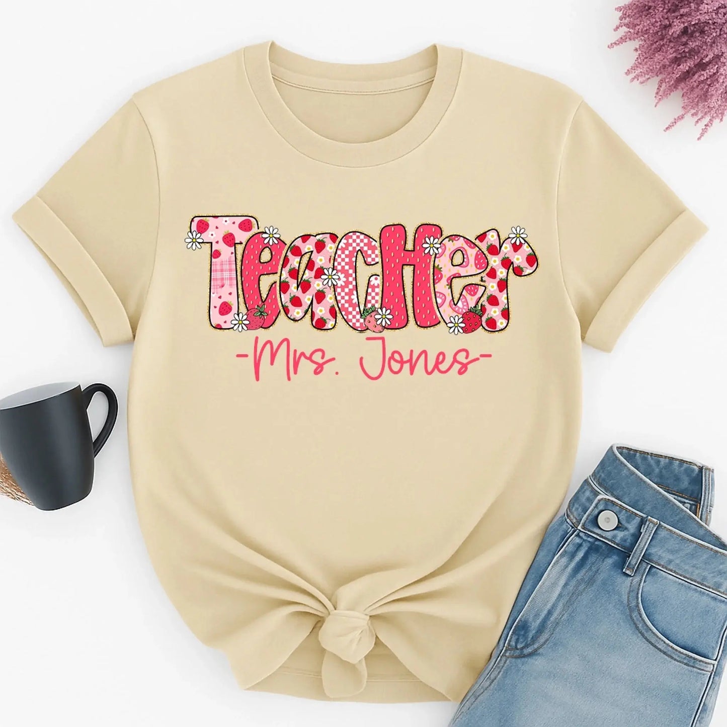 Strawberry Teacher Shirt with Custom Title and Name – Cute Personalized Gift for Teacher, Para, Librarian, Counselor Ezcustomize