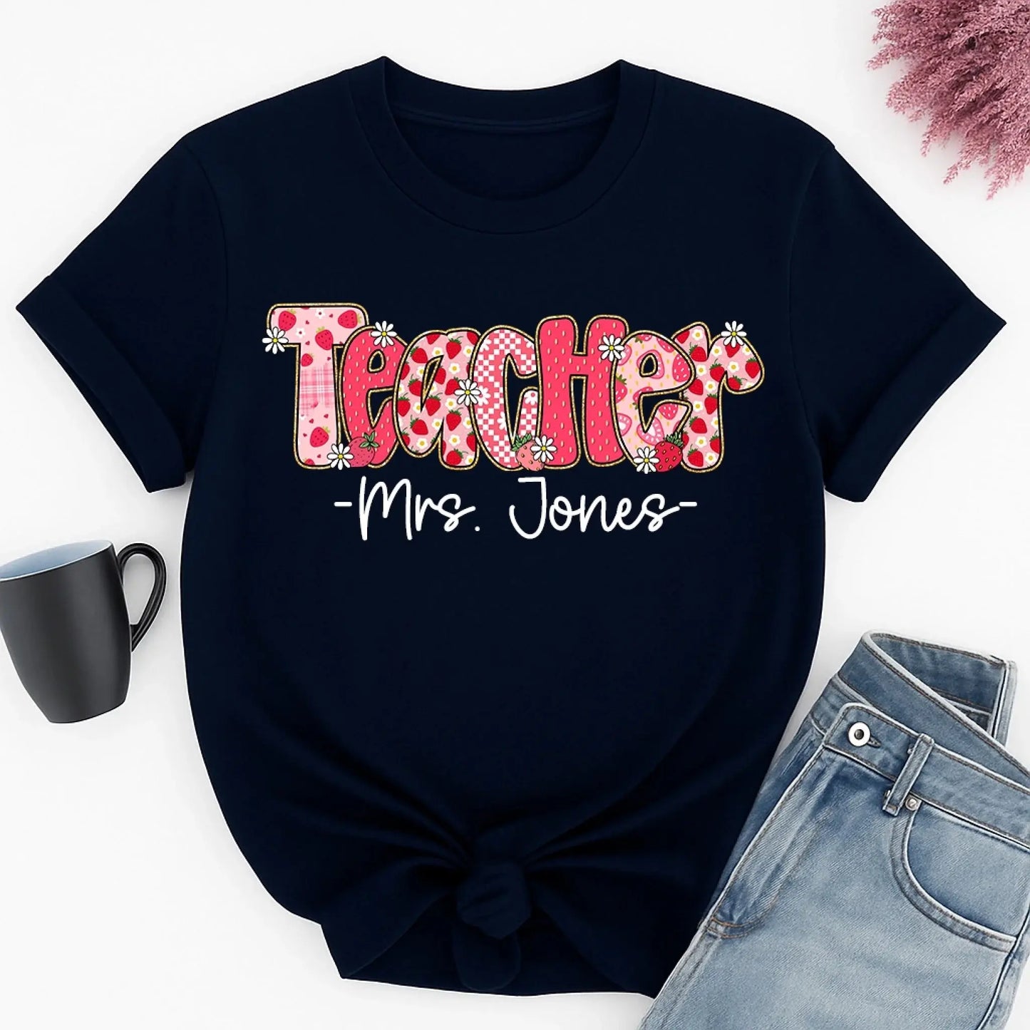 Strawberry Teacher Shirt with Custom Title and Name – Cute Personalized Gift for Teacher, Para, Librarian, Counselor Ezcustomize
