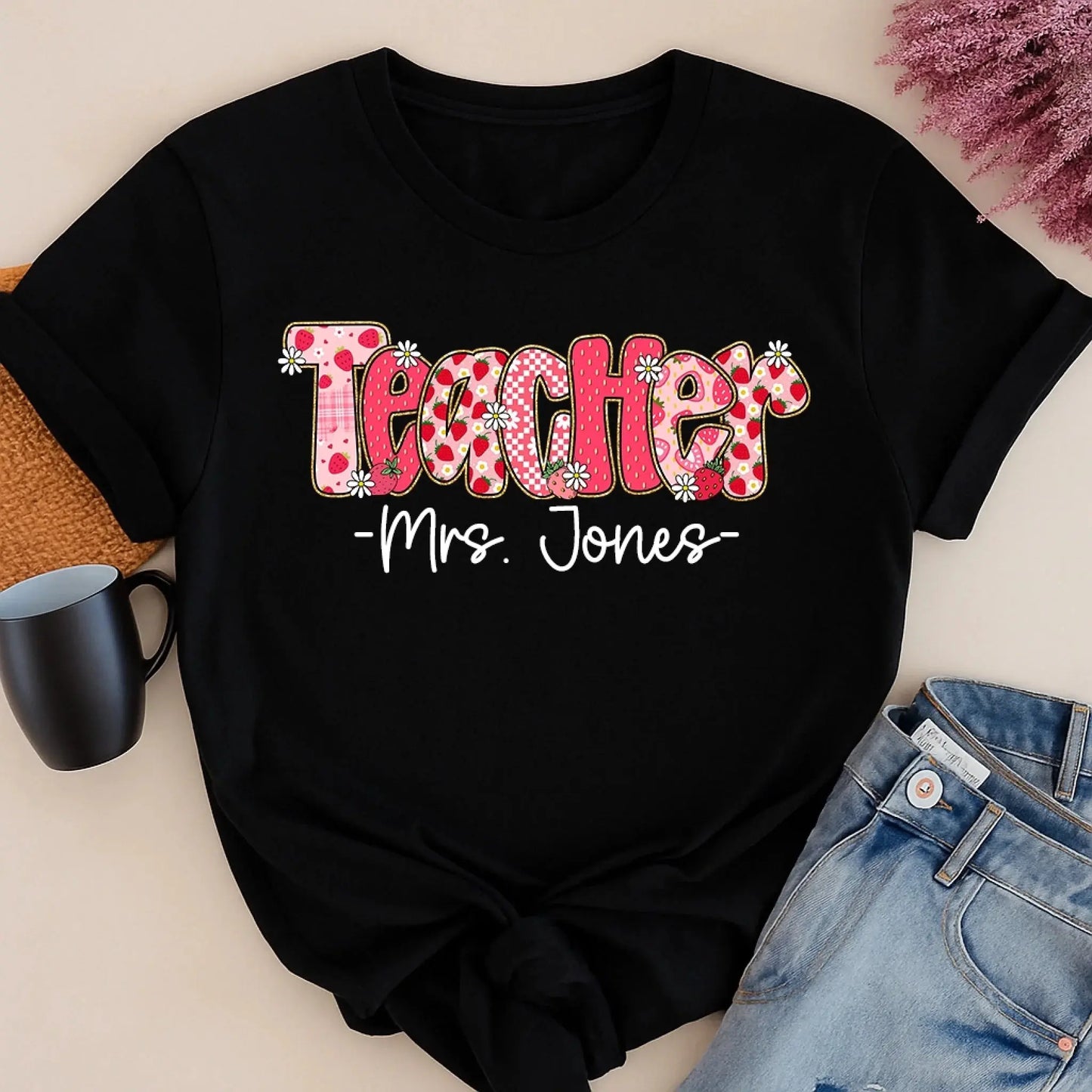 Strawberry Teacher Shirt with Custom Title and Name – Cute Personalized Gift for Teacher, Para, Librarian, Counselor Ezcustomize