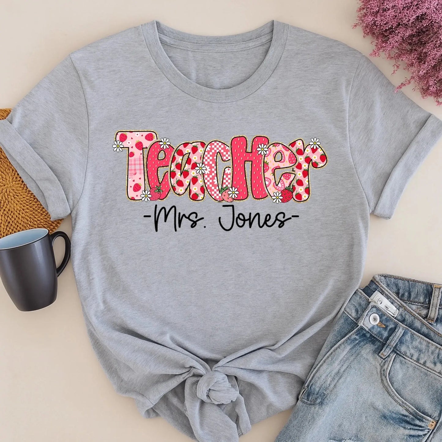 Strawberry Teacher Shirt with Custom Title and Name – Cute Personalized Gift for Teacher, Para, Librarian, Counselor Ezcustomize