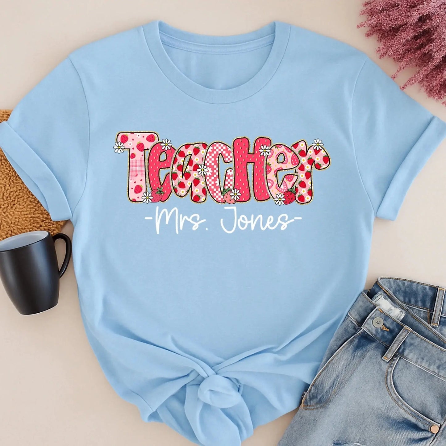 Strawberry Teacher Shirt with Custom Title and Name – Cute Personalized Gift for Teacher, Para, Librarian, Counselor Ezcustomize