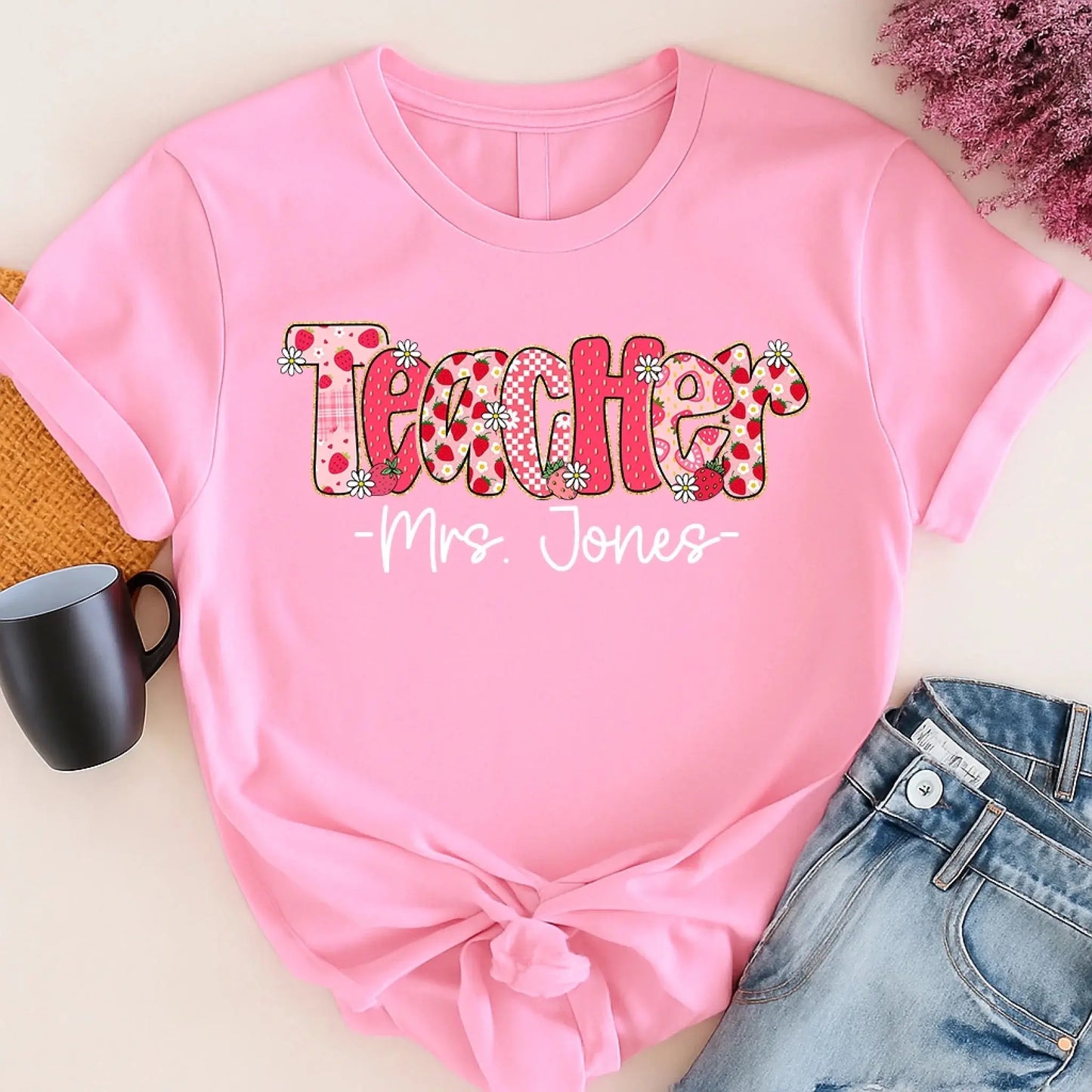 Strawberry Teacher Shirt with Custom Title and Name – Cute Personalized Gift for Teacher, Para, Librarian, Counselor Ezcustomize