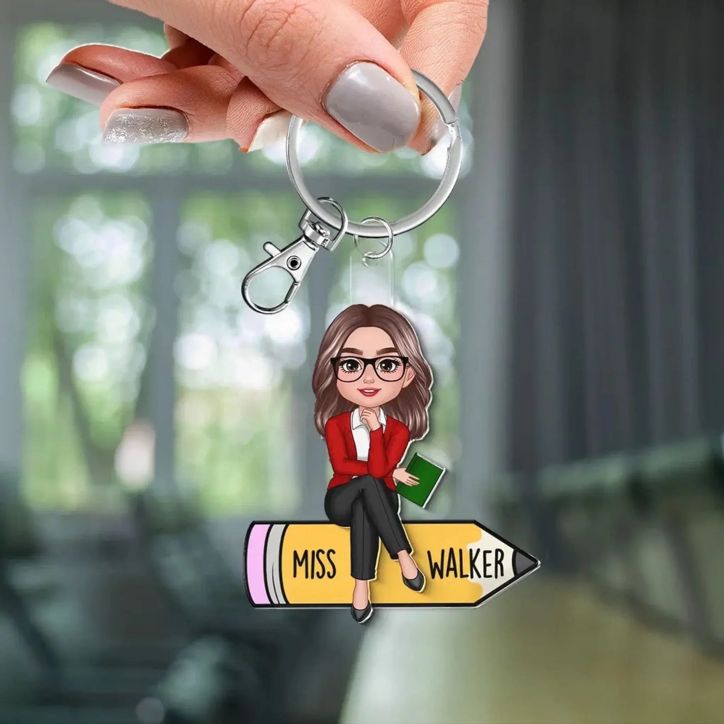 Teacher Sitting On Pencil – Personalized 2-Layer Acrylic Keychain – Custom Back To School Gift for Teachers, Classroom Accessories Ezcustomize