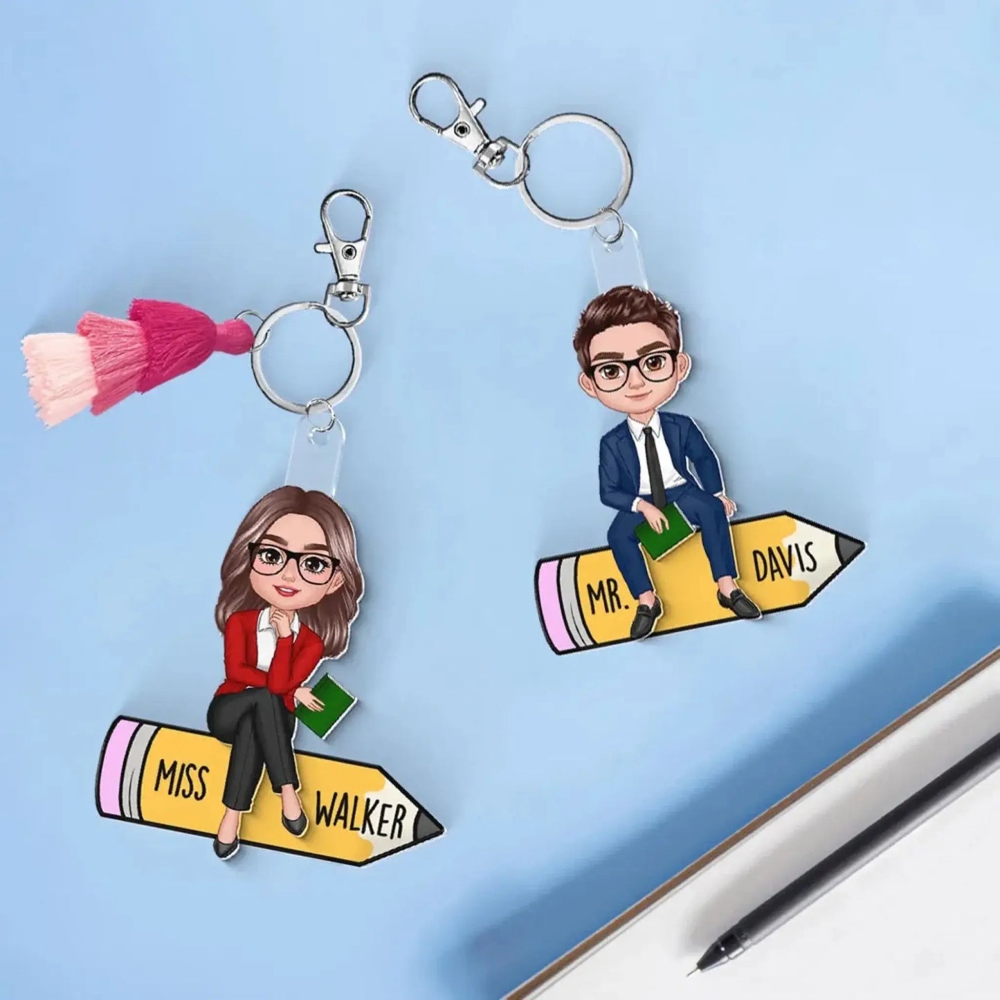 Teacher Sitting On Pencil – Personalized 2-Layer Acrylic Keychain – Custom Back To School Gift for Teachers, Classroom Accessories Ezcustomize