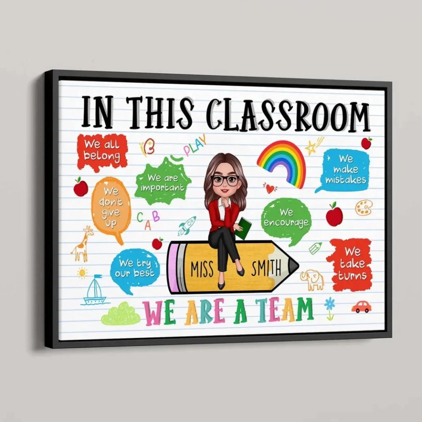 Teacher Sitting on Pencil Wall Art – Personalized Classroom Poster/Canvas – Appreciation or Back-to-School Gift for Teachers Ezcustomize