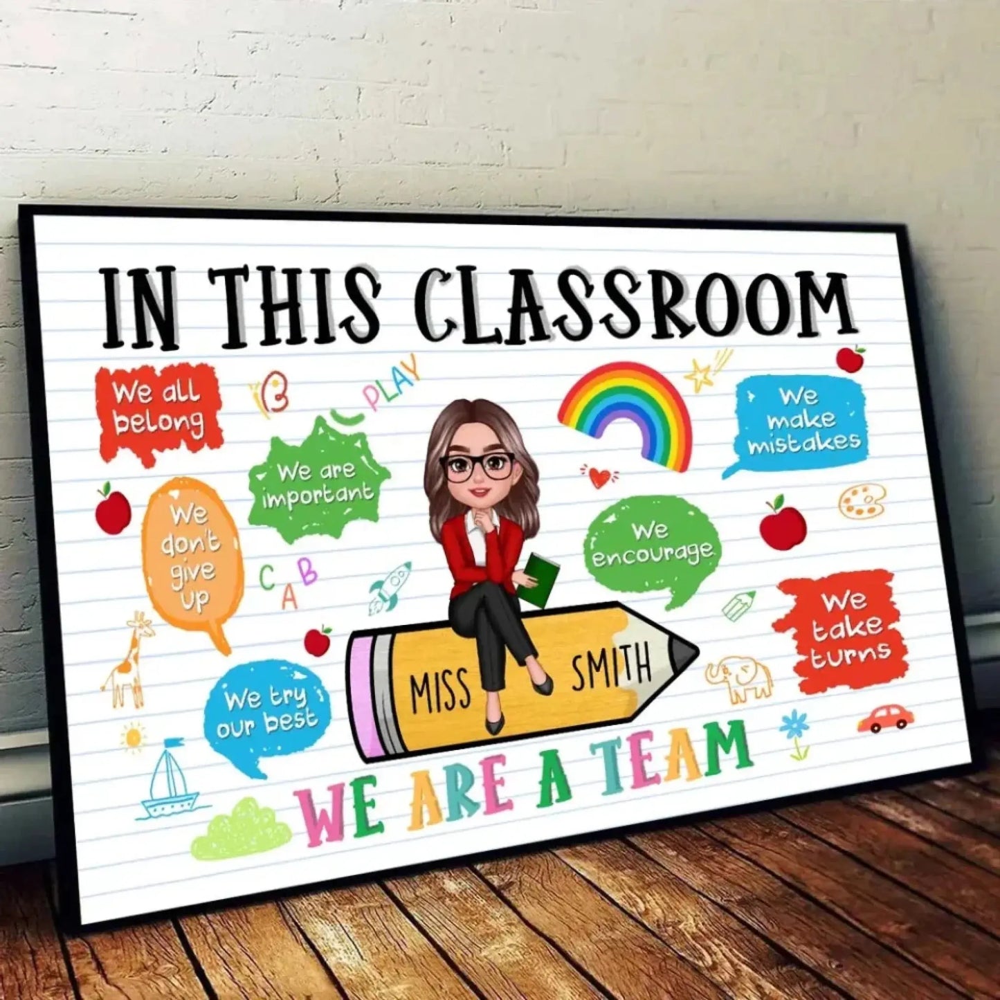 Teacher Sitting on Pencil Wall Art – Personalized Classroom Poster/Canvas – Appreciation or Back-to-School Gift for Teachers Ezcustomize