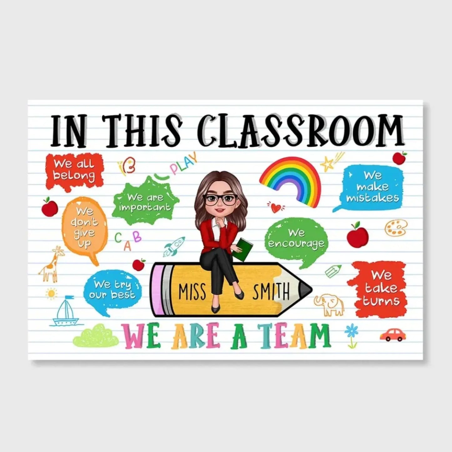 Teacher Sitting on Pencil Wall Art – Personalized Classroom Poster/Canvas – Appreciation or Back-to-School Gift for Teachers Ezcustomize