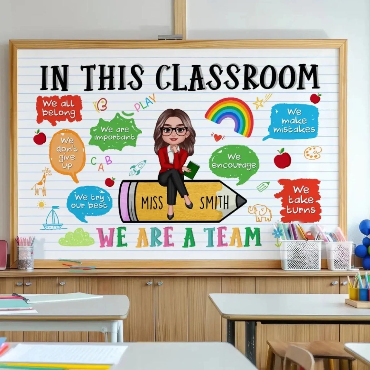 Teacher Sitting on Pencil Wall Art – Personalized Classroom Poster/Canvas – Appreciation or Back-to-School Gift for Teachers Ezcustomize