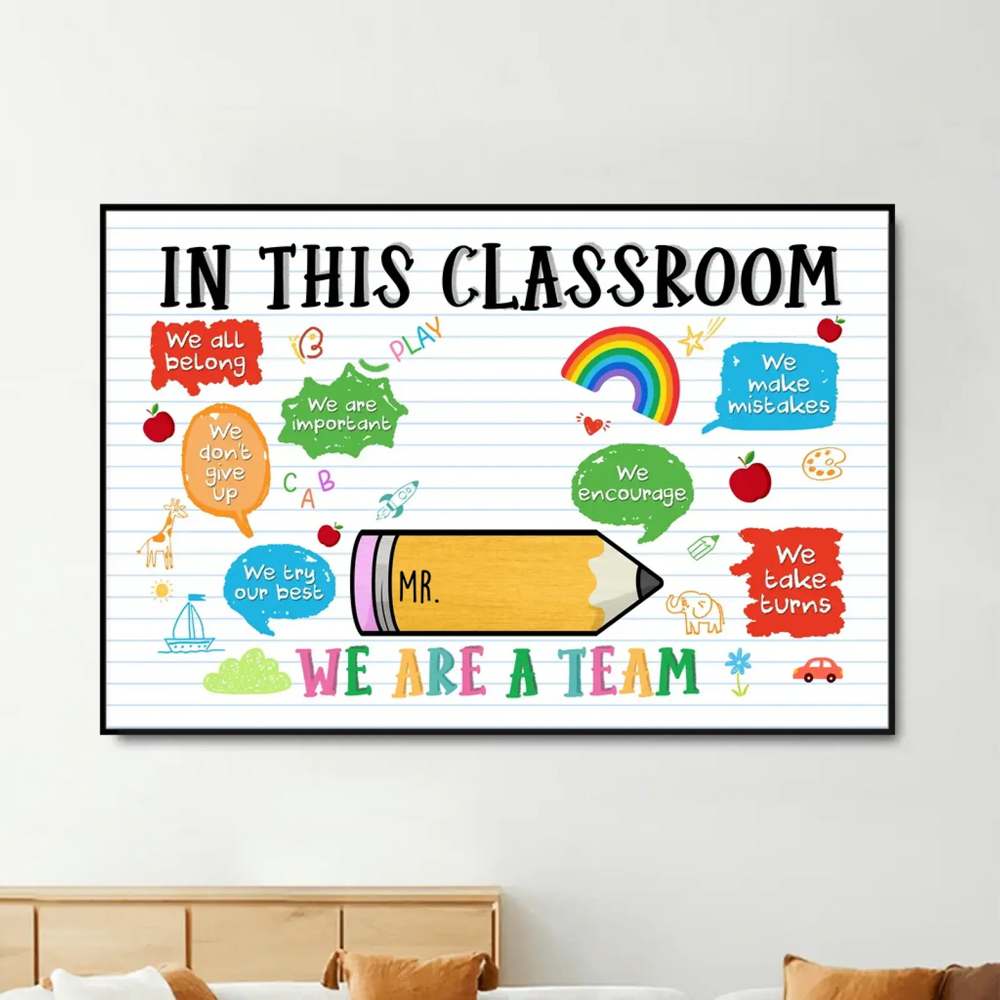 Teacher Sitting on Pencil Wall Art – Personalized Classroom Poster/Canvas – Appreciation or Back-to-School Gift for Teachers Ezcustomize