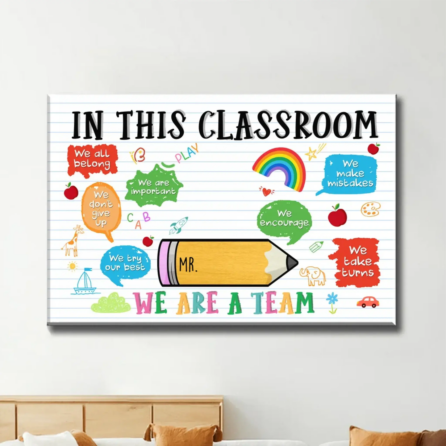 Teacher Sitting on Pencil Wall Art – Personalized Classroom Poster/Canvas – Appreciation or Back-to-School Gift for Teachers Ezcustomize