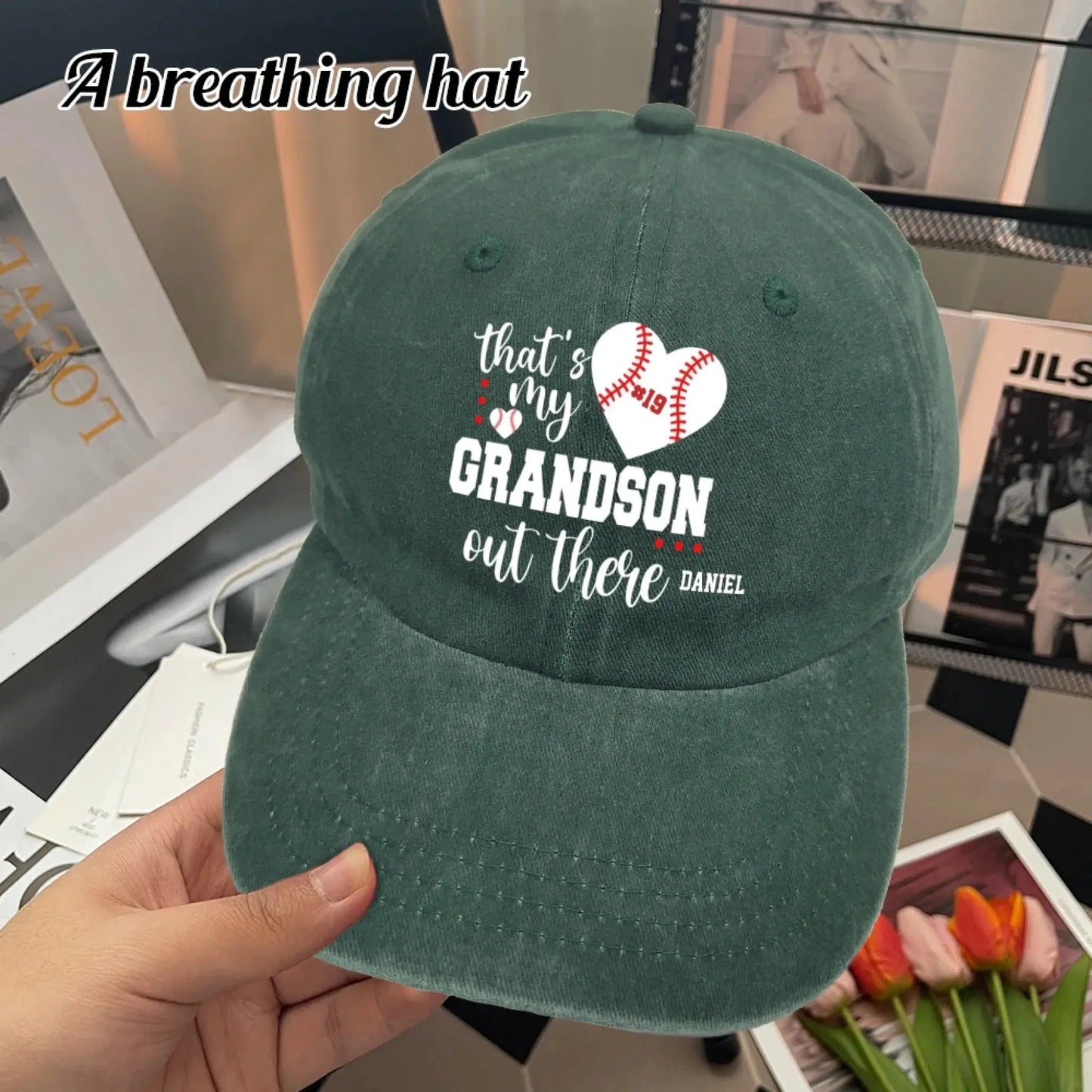 That’s My Grandson Out There Cap – Personalized Sports Hat with Name & Number – Custom Washed Denim Cap Gift for Grandpa, Dad, or Grandma Ezcustomize