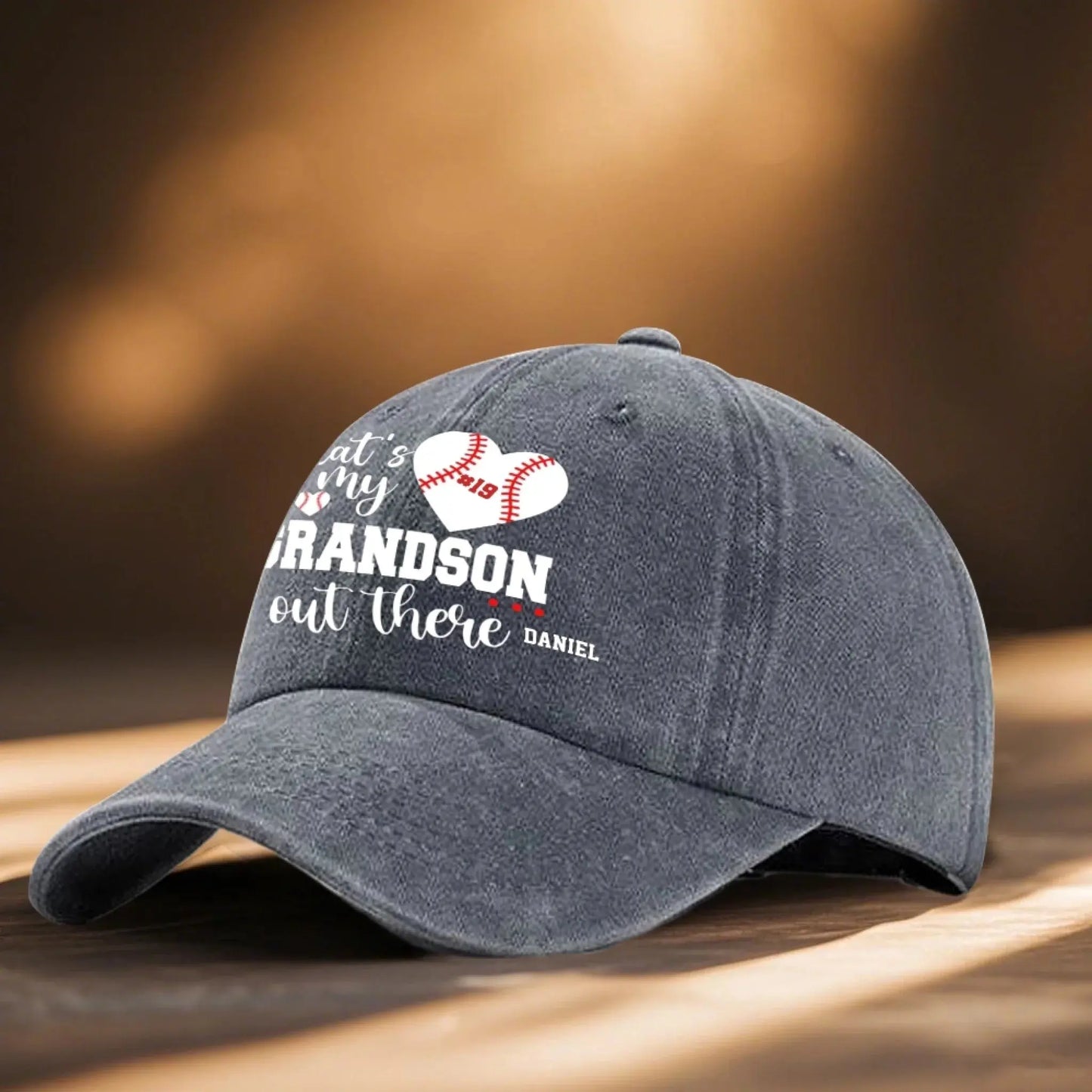 That’s My Grandson Out There Cap – Personalized Sports Hat with Name & Number – Custom Washed Denim Cap Gift for Grandpa, Dad, or Grandma Ezcustomize
