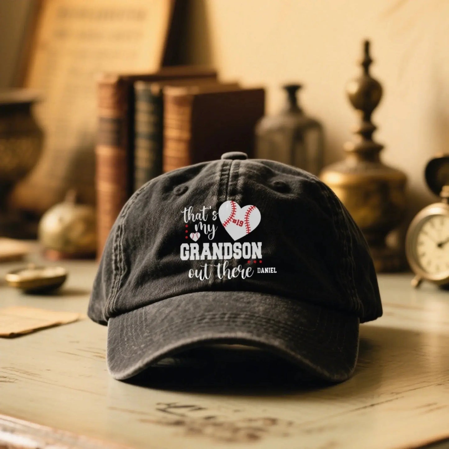 That’s My Grandson Out There Cap – Personalized Sports Hat with Name & Number – Custom Washed Denim Cap Gift for Grandpa, Dad, or Grandma Ezcustomize