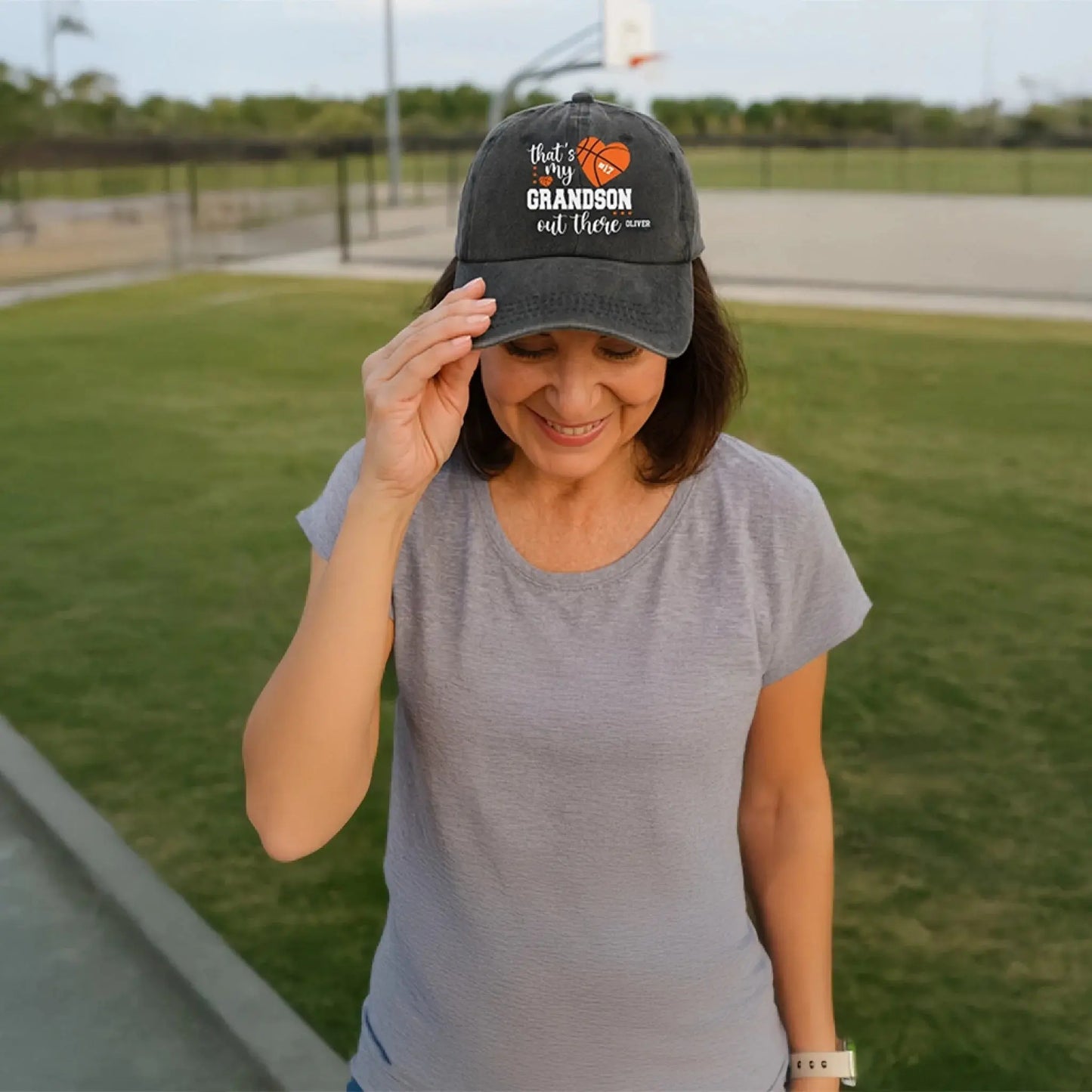 That’s My Grandson Out There Cap – Personalized Sports Hat with Name & Number – Custom Washed Denim Cap Gift for Grandpa, Dad, or Grandma Ezcustomize