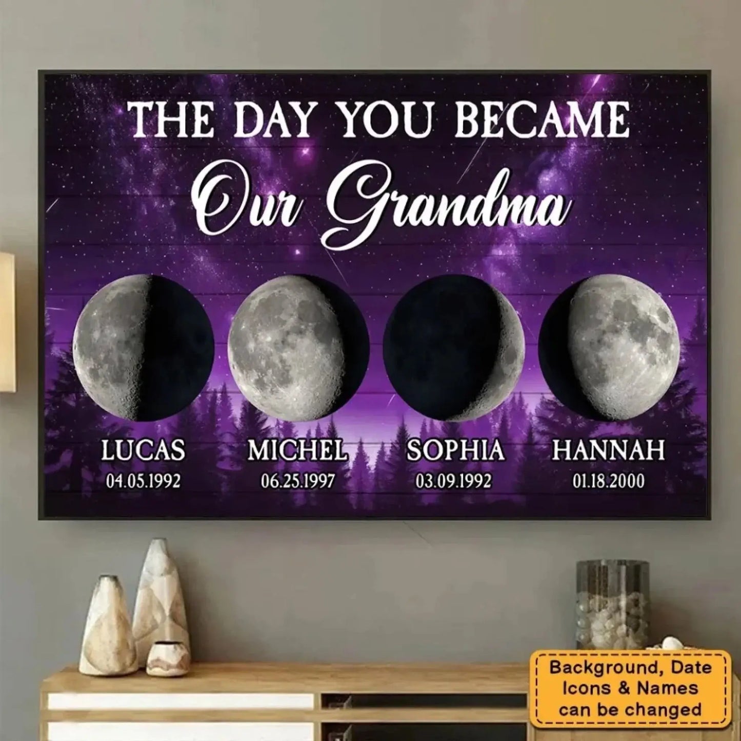 The Day You Became a Mom Starry Night Moon Phase Art – Personalized Poster/Canvas – Custom Mother’s Day Gift for Mom or Grandma Ezcustomize
