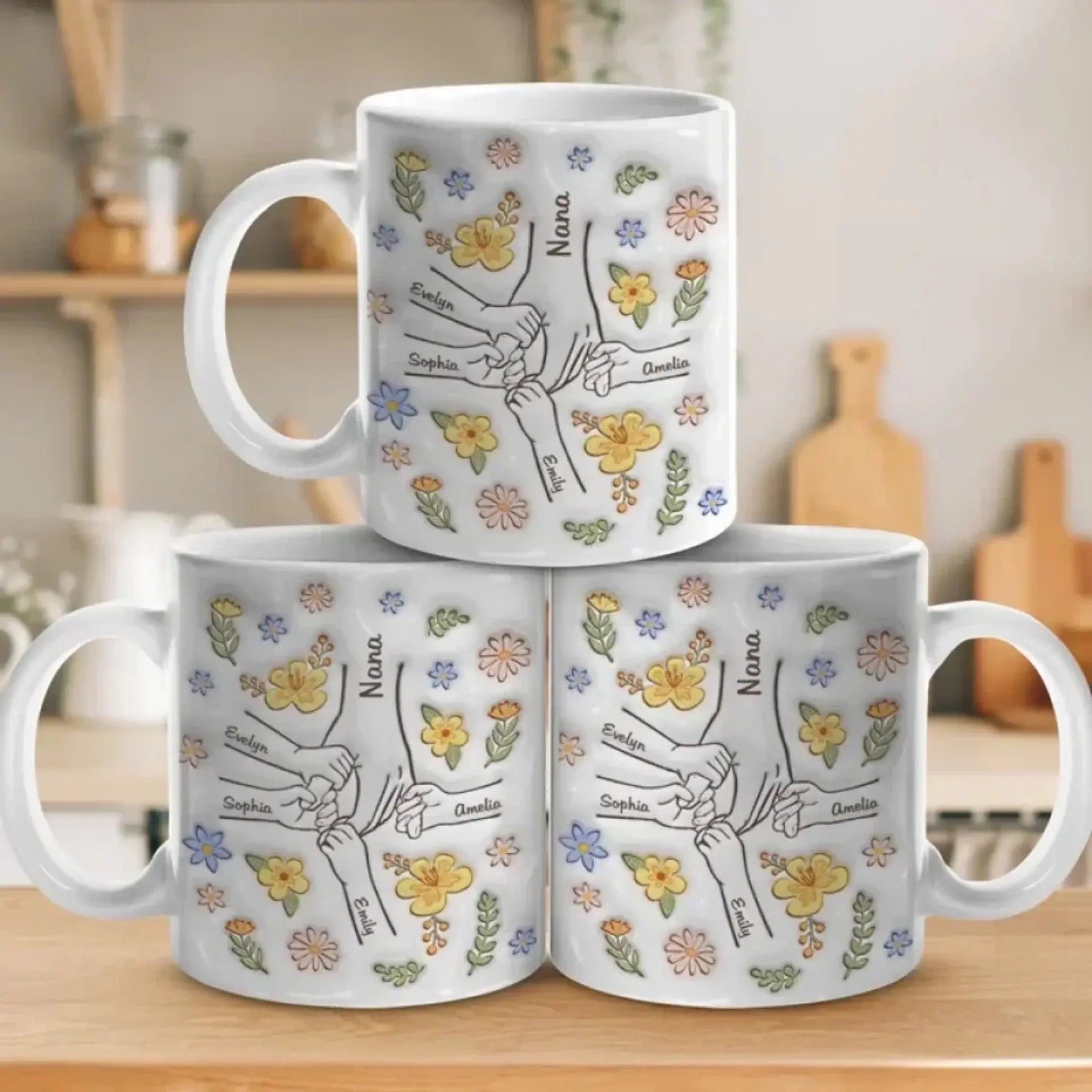 The Heart of the Family Personalized 3D Mug – Custom Hand & Name Gift for Mom, Grandma, or Nana Ezcustomize