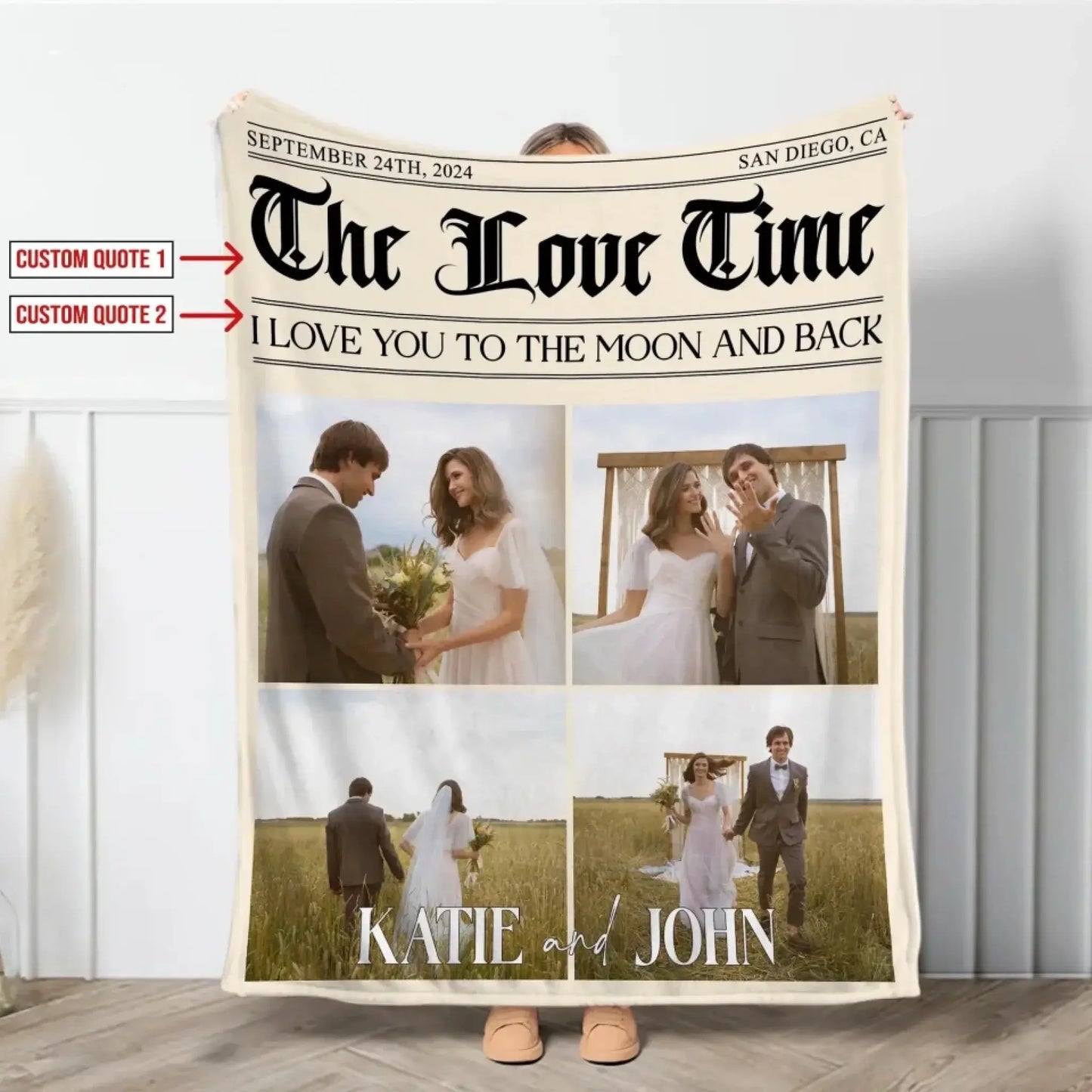 The Love Times Personalized Newspaper Blanket – Custom Couple Photo Blanket, Anniversary Gift, Unique Newspaper - Style Throw for Couples Ezcustomize